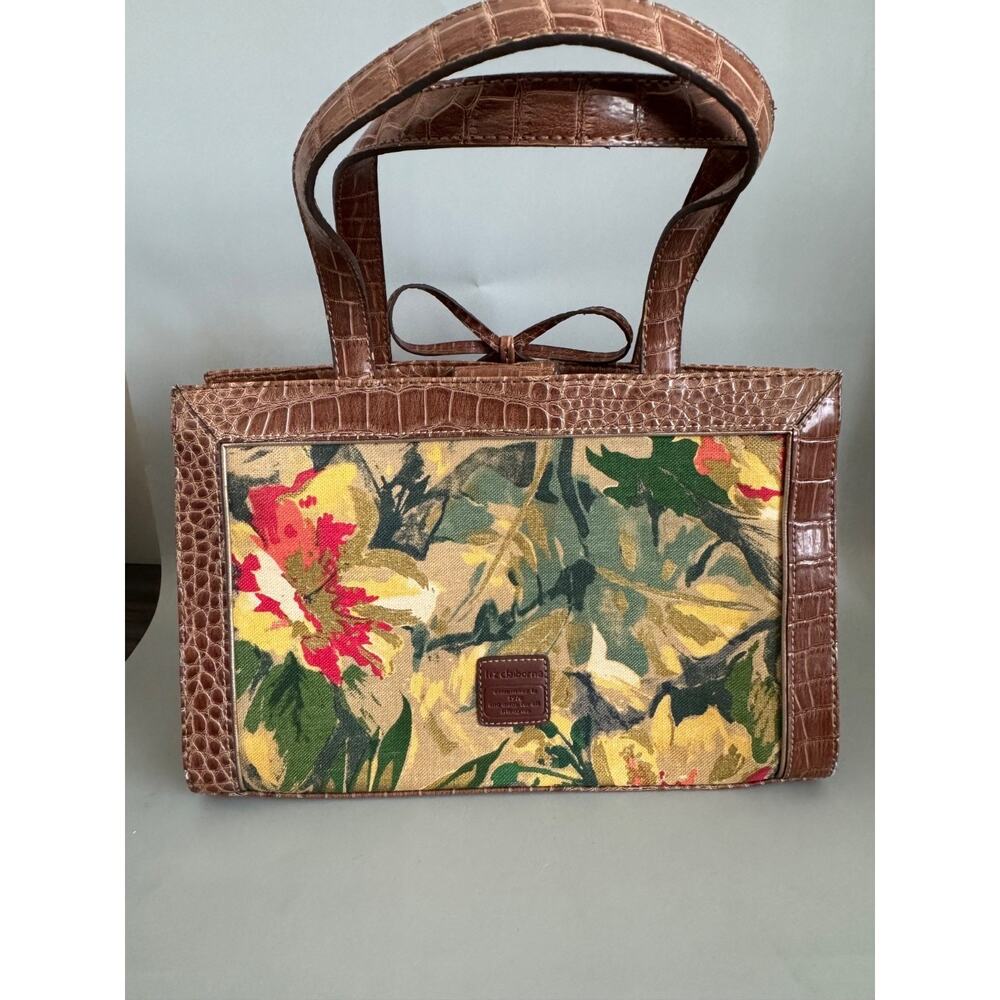 Vintage Liz Claiborne Floral Fabric Handbag Faux Leather Trim Botanical Print - Picture 5 of 15